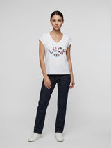 Embellished V-Neck Cotton T-Shirt - White