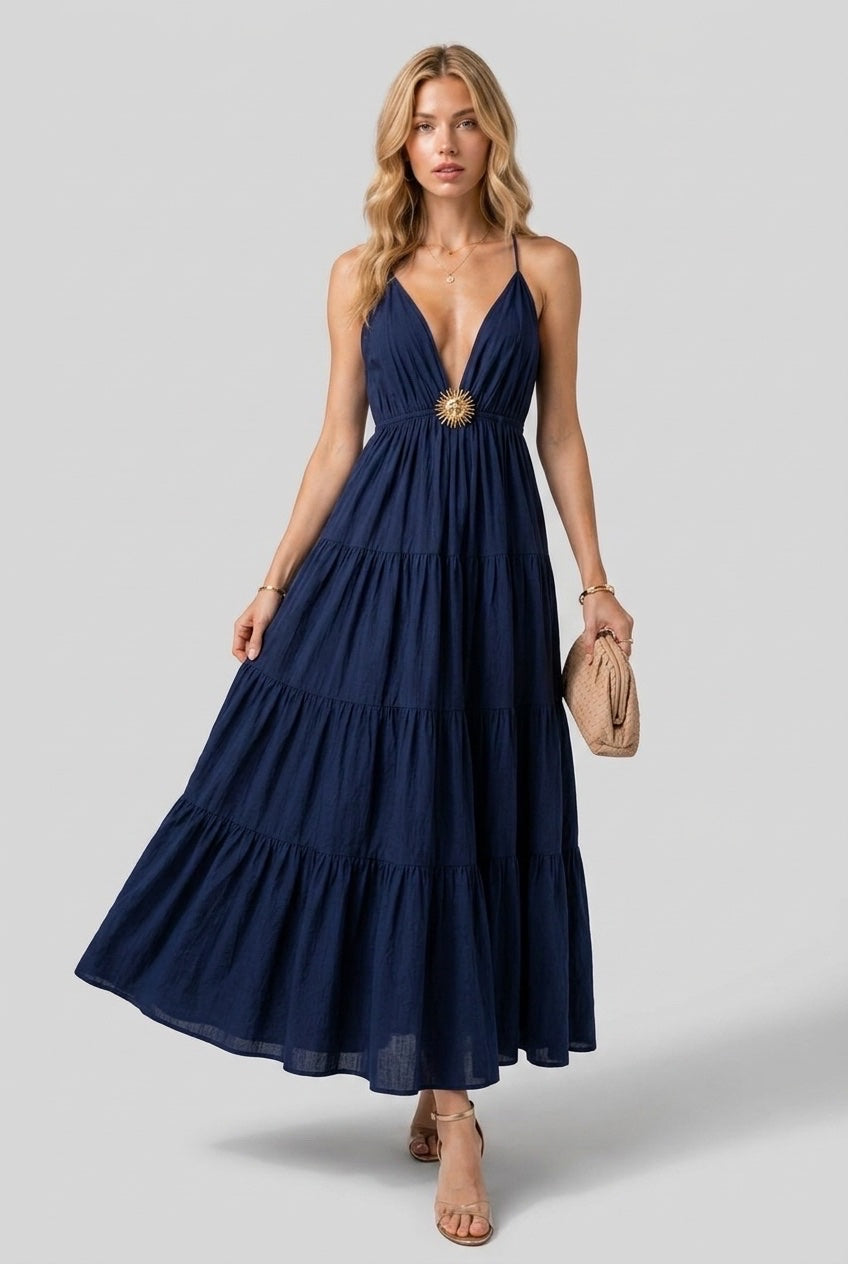 Tiered Maxi Dress with Sun Detail - Navy Blue