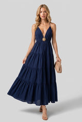 Tiered Maxi Dress with Sun Detail - Navy Blue