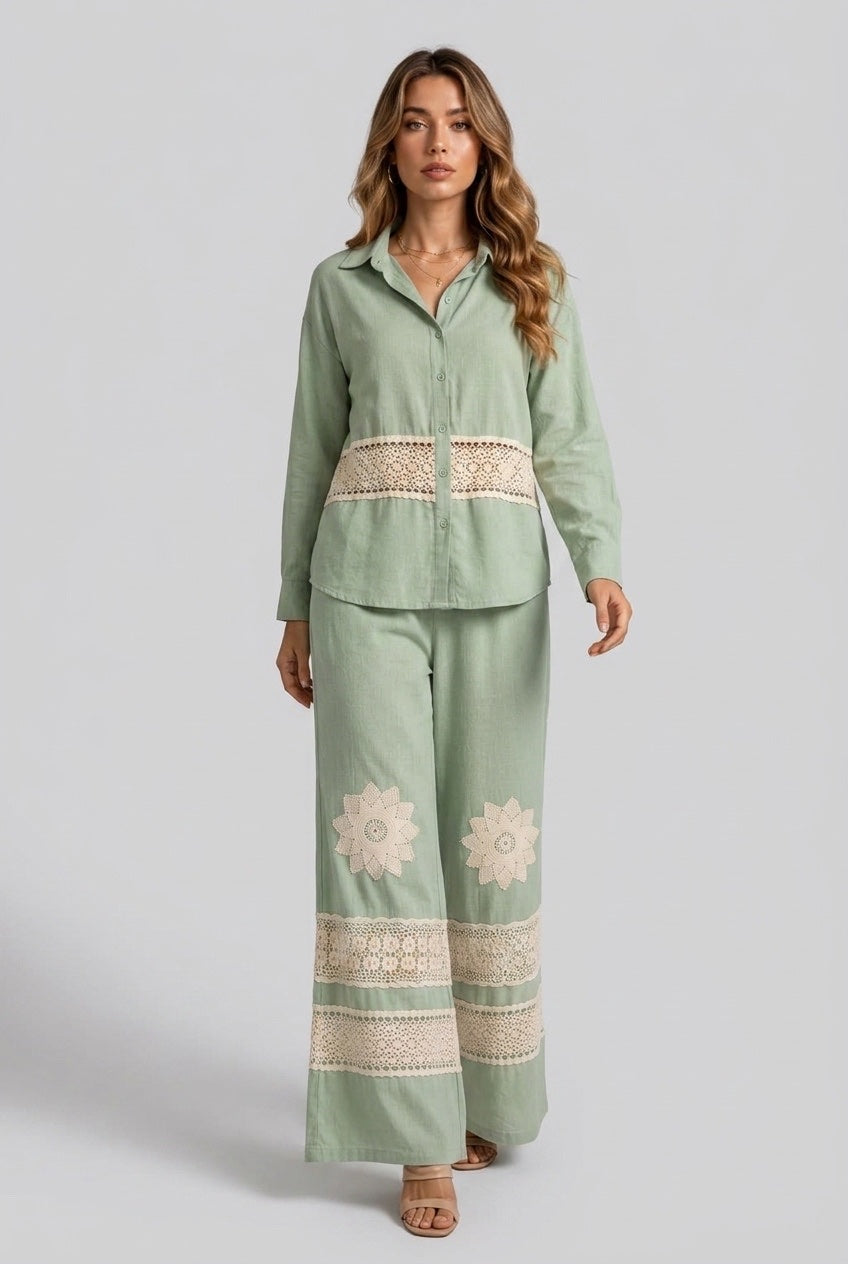 Bohemian Crochet Linen Blend Set - Dark Sea Green