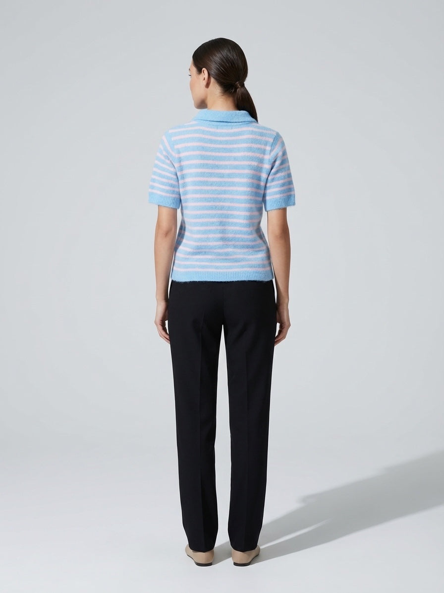 Striped Knit Polo Shirt with Heart Detail - Baby Blue (2)