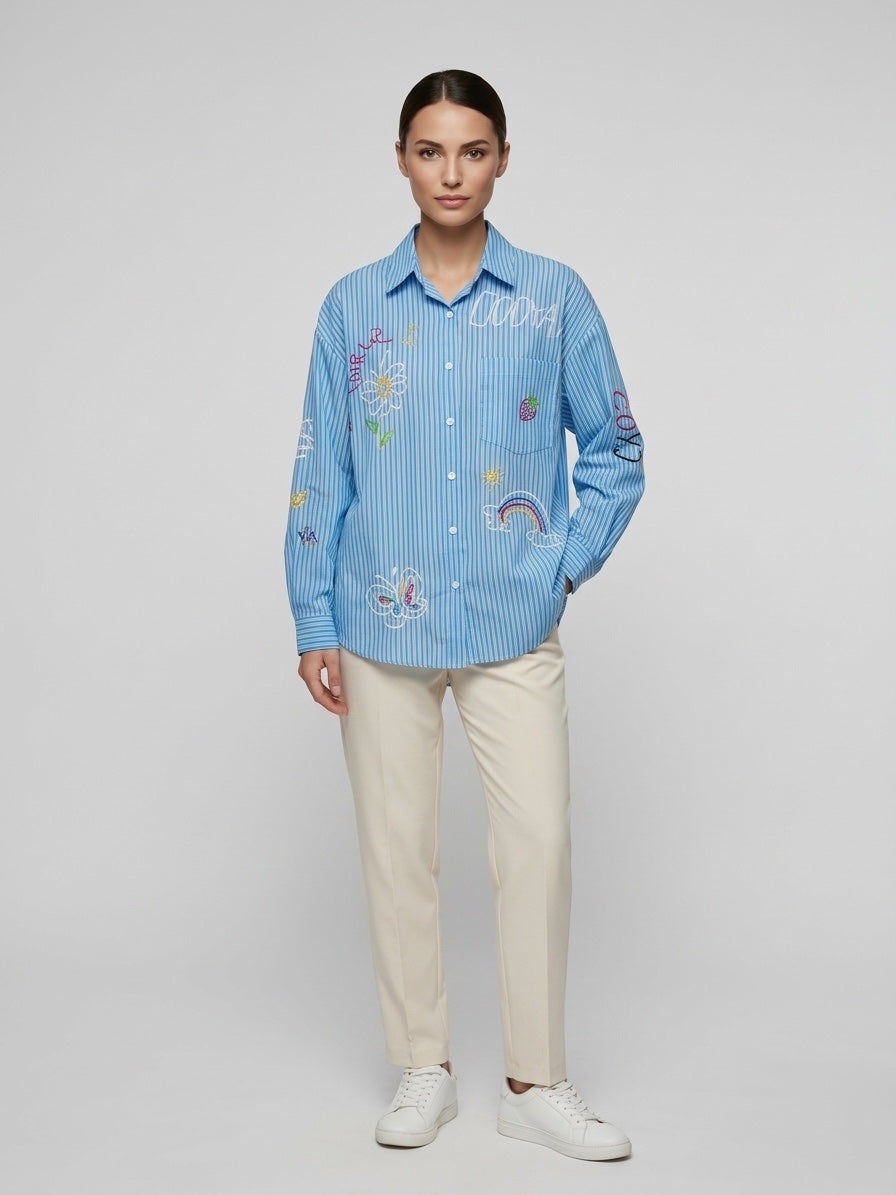 Embroidered Striped Shirt - Blue