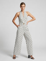 Polka Dot Halter Neck Wide-Leg Jumpsuit - White