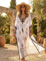 Embroidered Maxi Dress with Tassel Trim - White