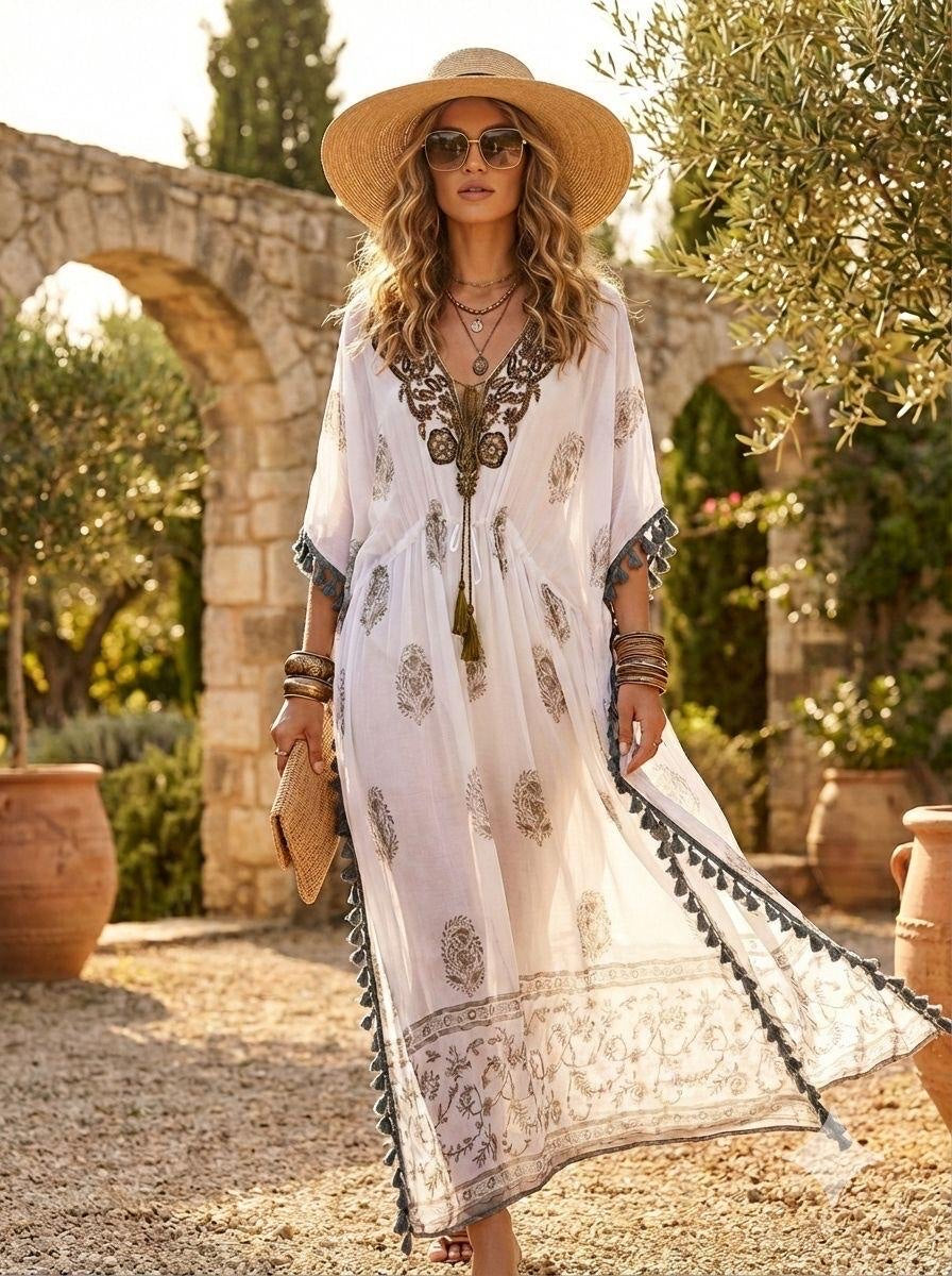 Embroidered Maxi Dress with Tassel Trim - White