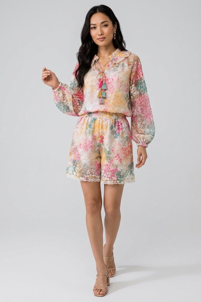 Lace Tie-Neck Blouse and Shorts Set - Baby Blue