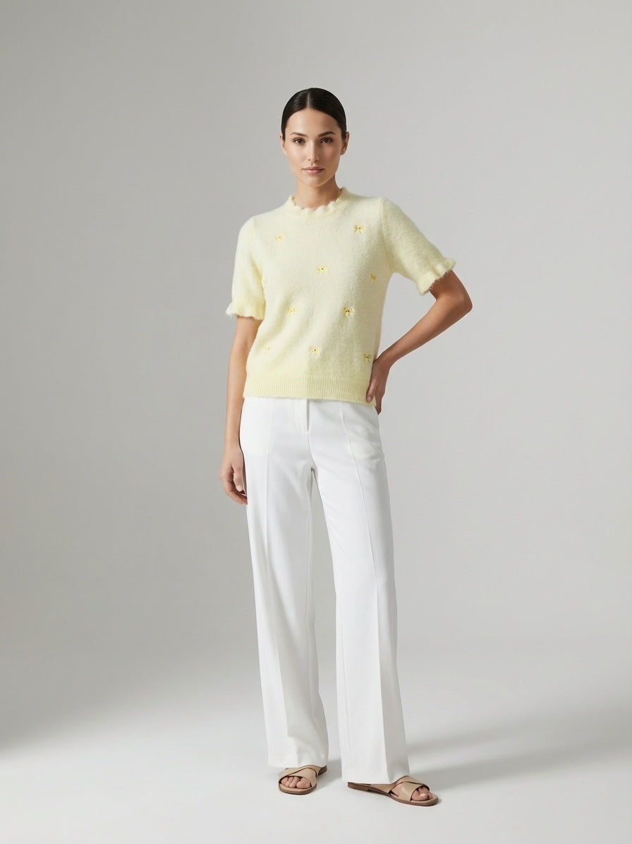 Embroidered Bow Knit Top - Canary
