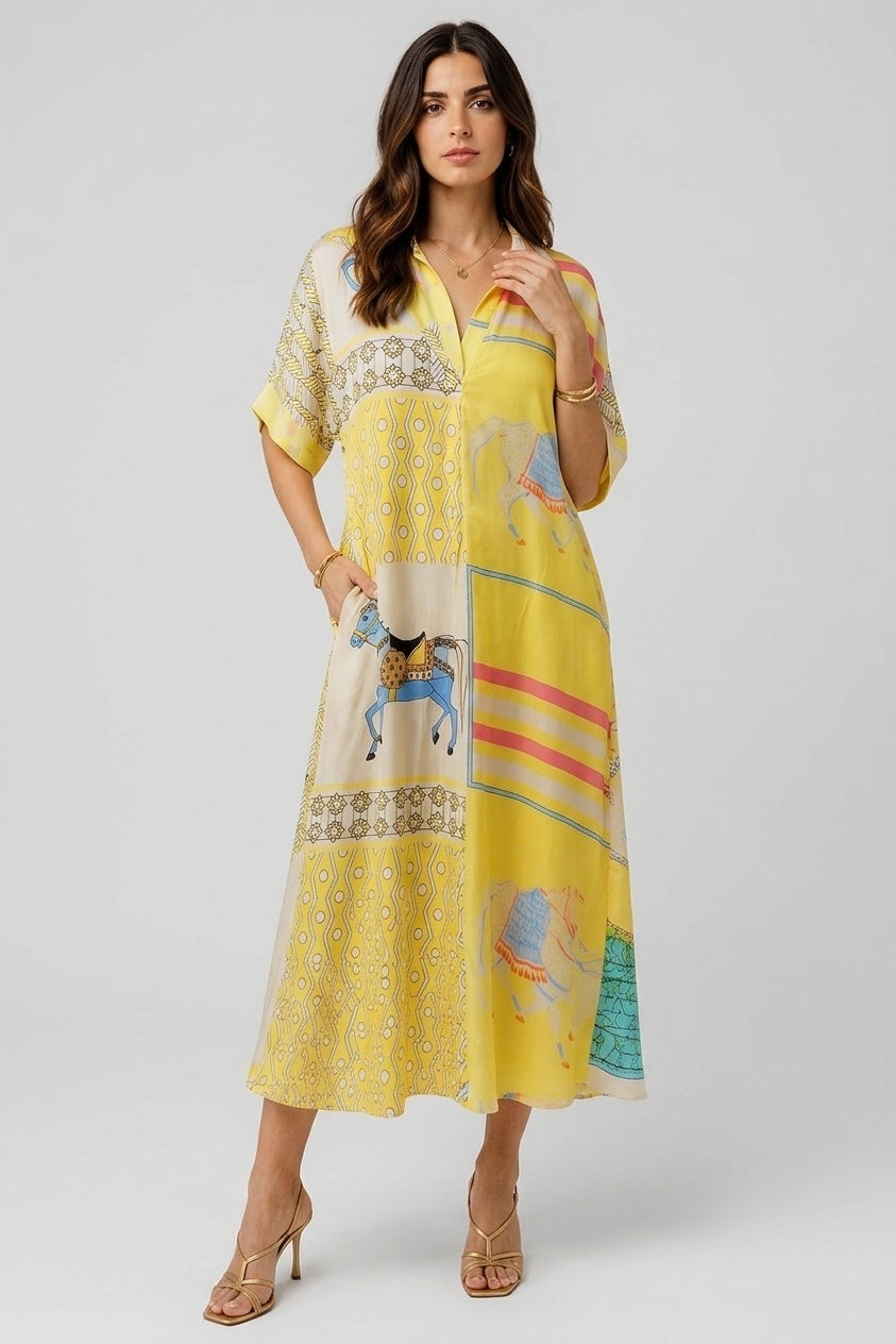 Printed Midi Shirt Dress - Lemon