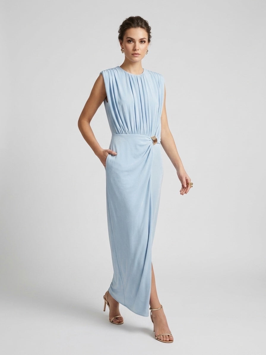 Draped Maxi Dress with Statement Ring - Baby Blue