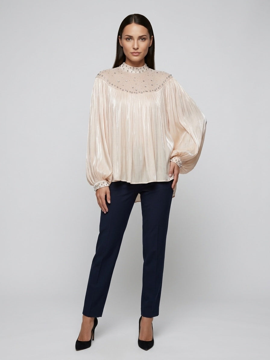 Pleated Embellished Blouse - Bisque