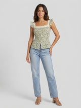 Floral Peplum Top with Lace Trim - Green