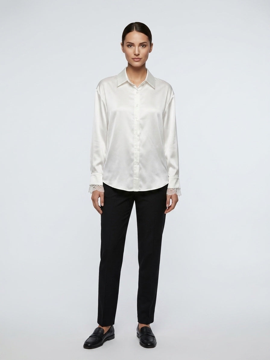 Lace Cuff Silk Shirt - White