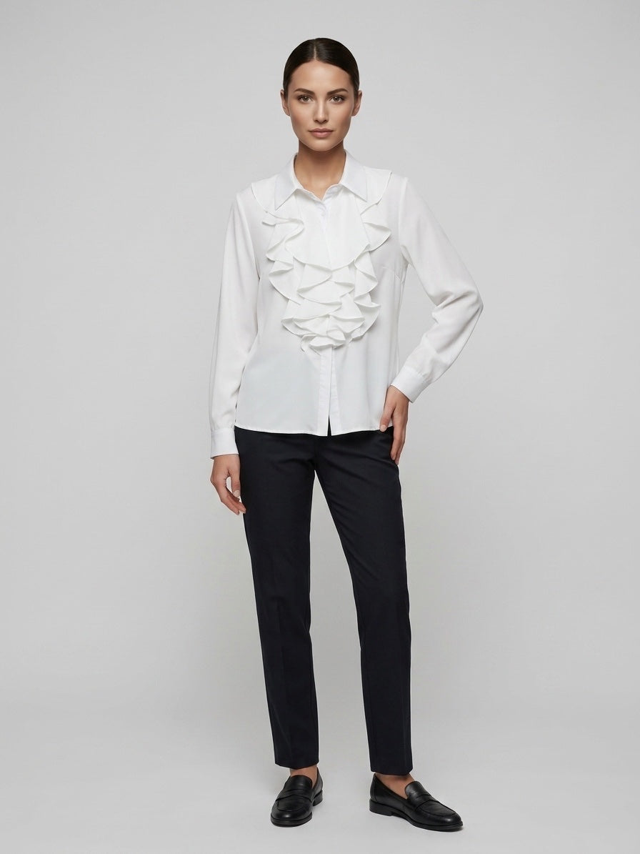Ruffled Front Blouse - White