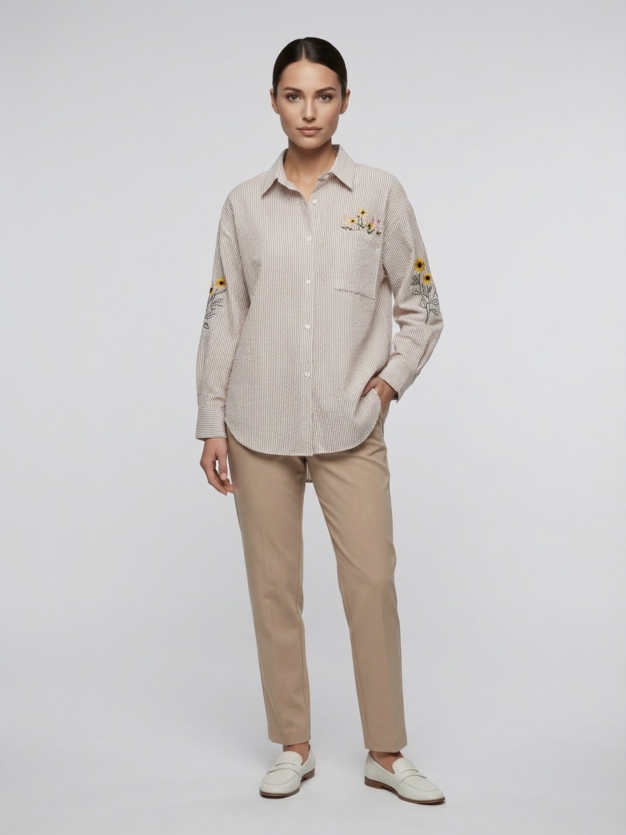 Embroidered Striped Seersucker Shirt - Beige