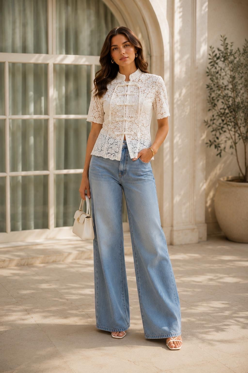 Mandarin Collar Lace Top - White (2)