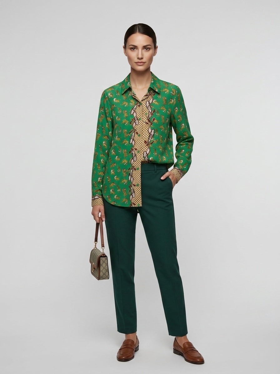 Printed Shirt with Contrasting Panel - Green