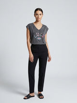 Embellished V-Neck Cotton T-Shirt - Dim Gray