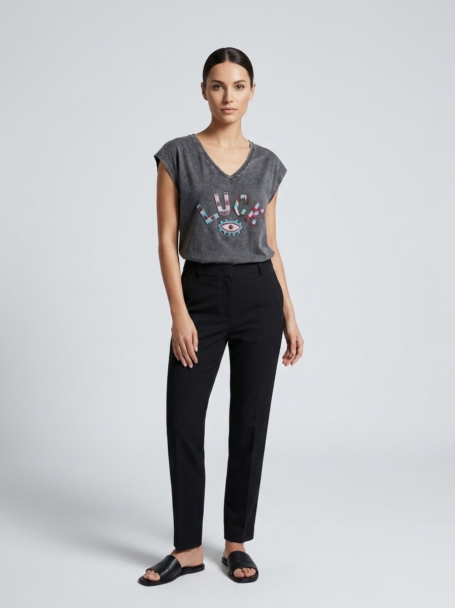 Embellished V-Neck Cotton T-Shirt - Dim Gray