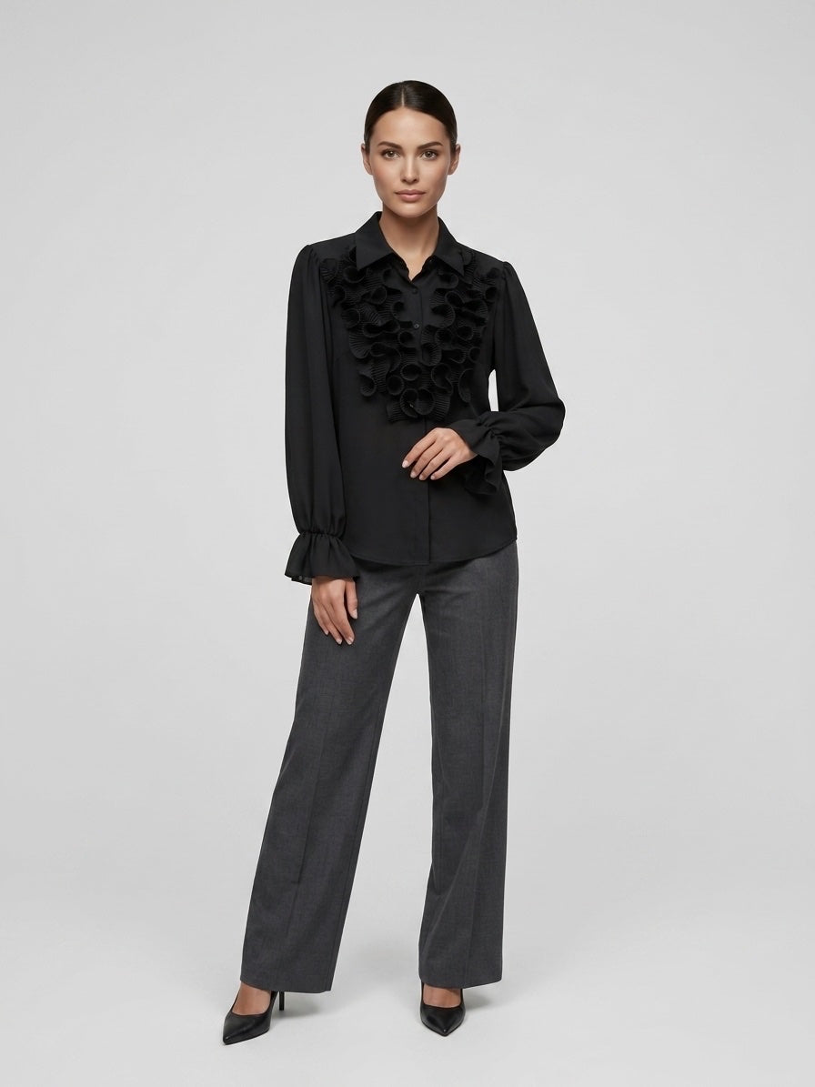 Ruffle Neck Blouse - Black