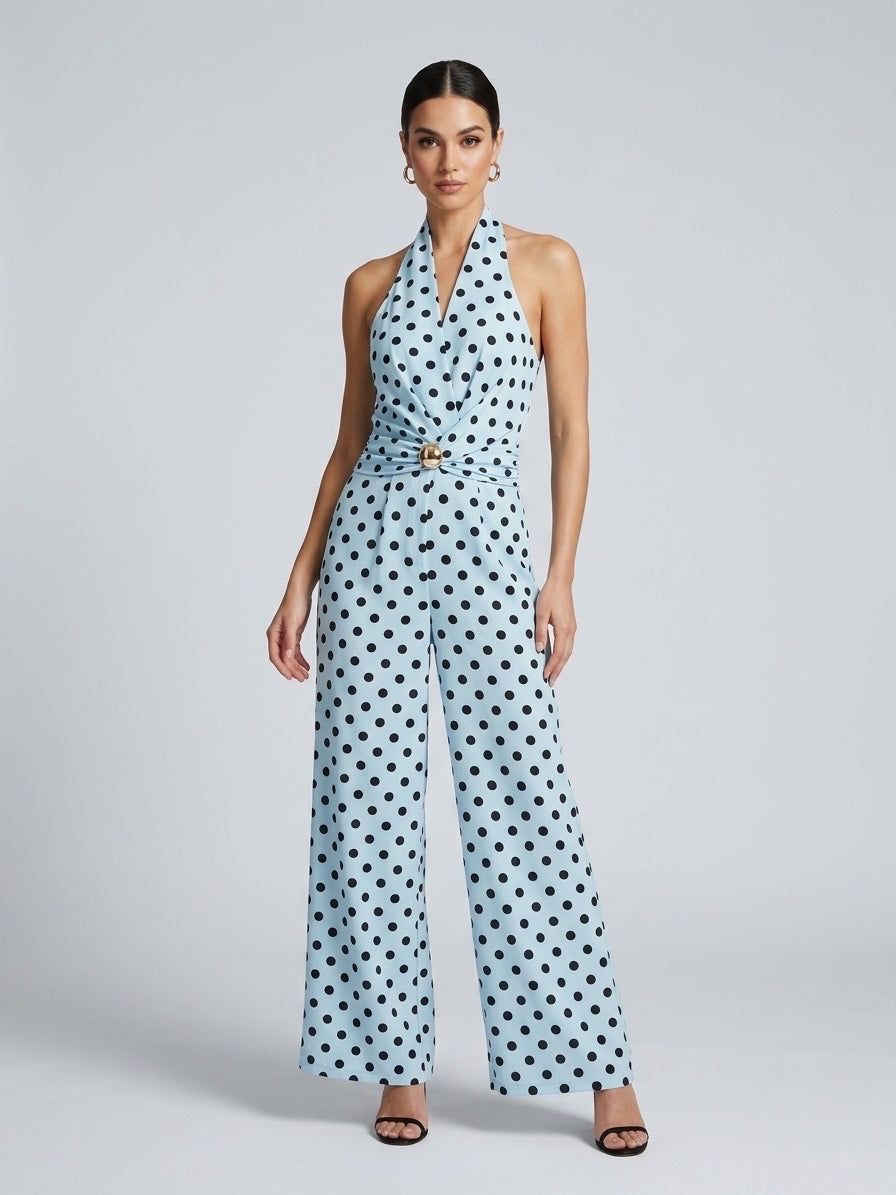 Polka Dot Halter Neck Wide-Leg Jumpsuit - Aqua