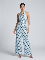 Polka Dot Halter Neck Wide-Leg Jumpsuit - Aqua