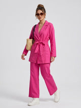 Linen Blend Tie Waist Blazer - Fuchsia