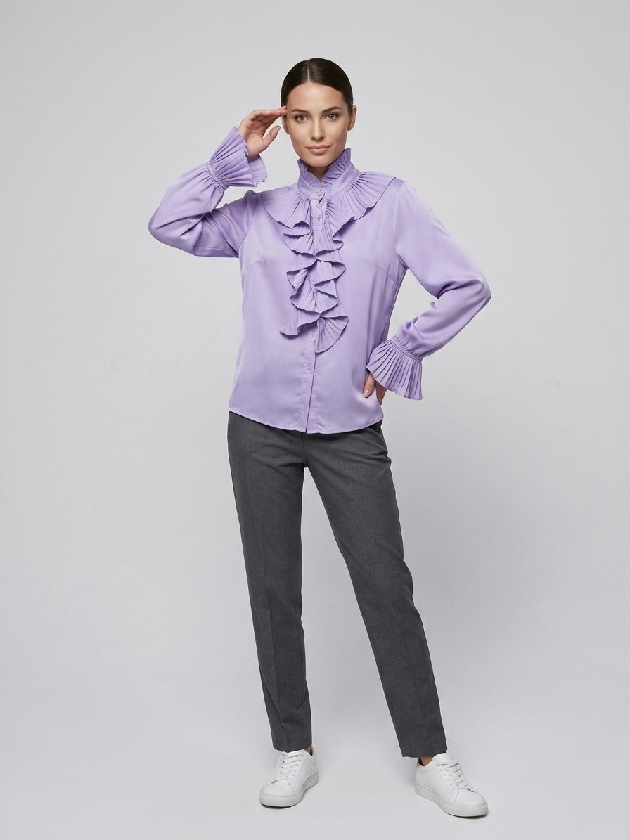 Pleated Ruffle Front Blouse - Lavender