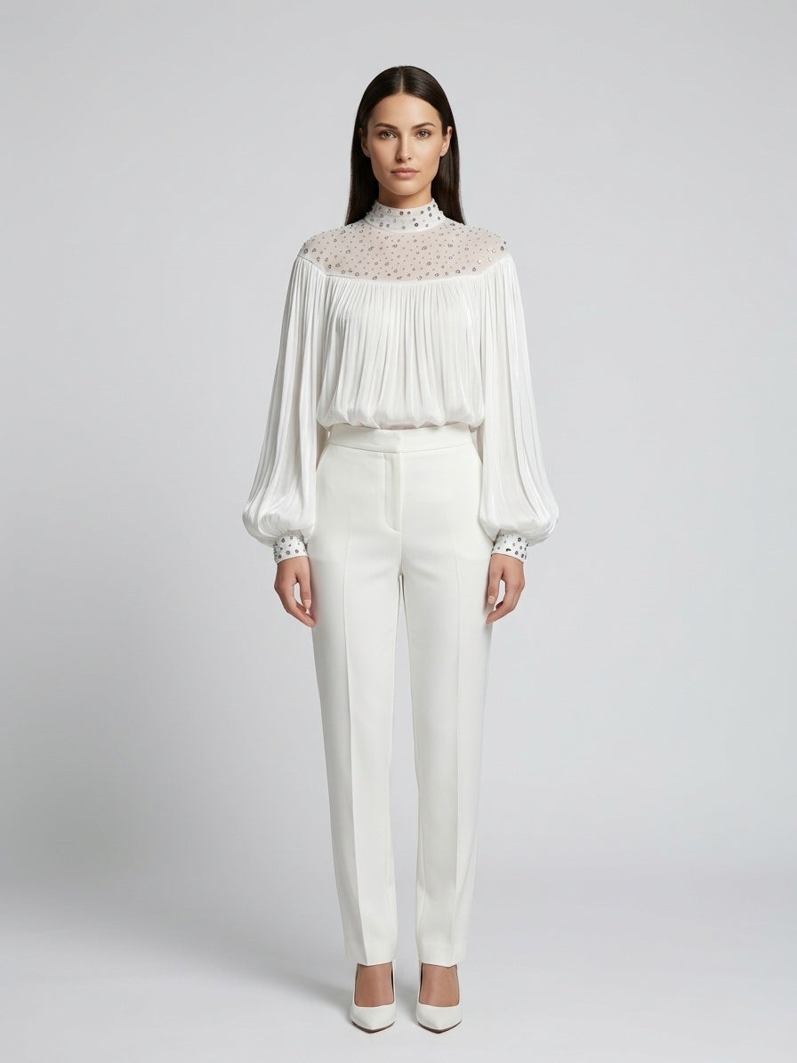 Pleated Embellished Blouse - White