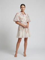 Floral Puff Sleeve Shirt Dress - Beige