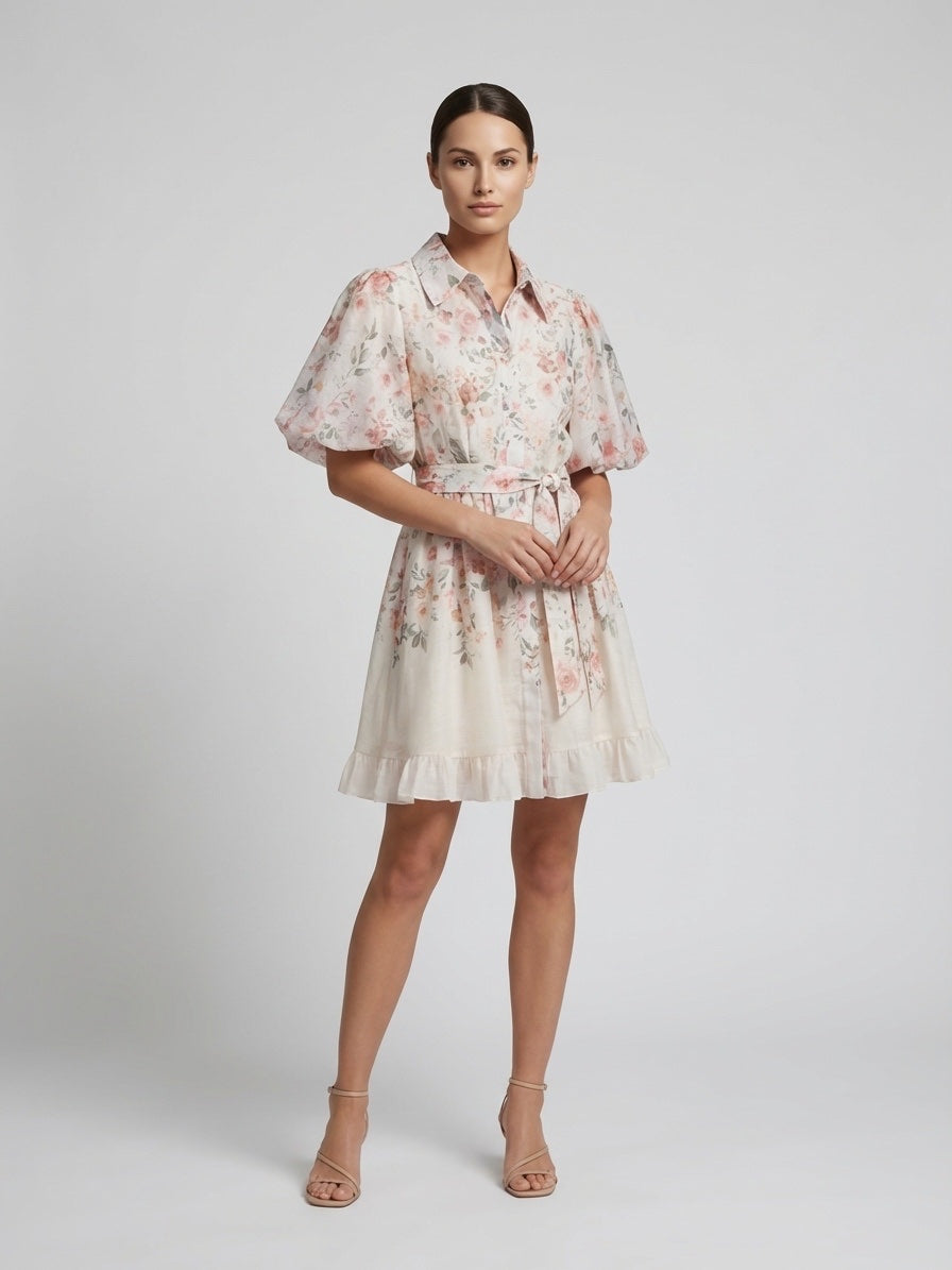 Floral Puff Sleeve Shirt Dress - Beige