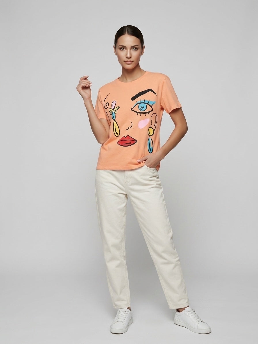 Abstract Face Print T-Shirt - Coral