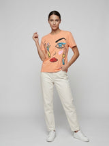 Abstract Face Print T-Shirt - Coral
