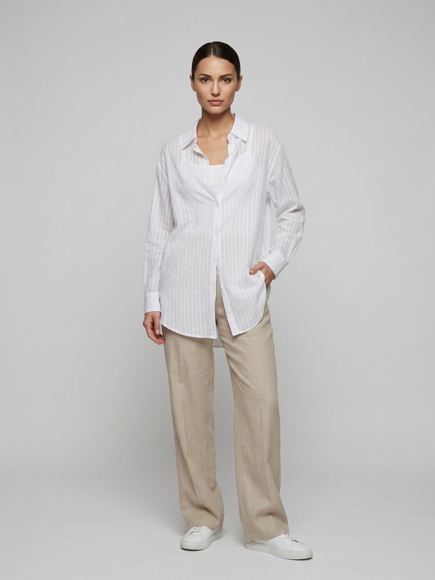 Wide Leg Linen Blend Trousers - White