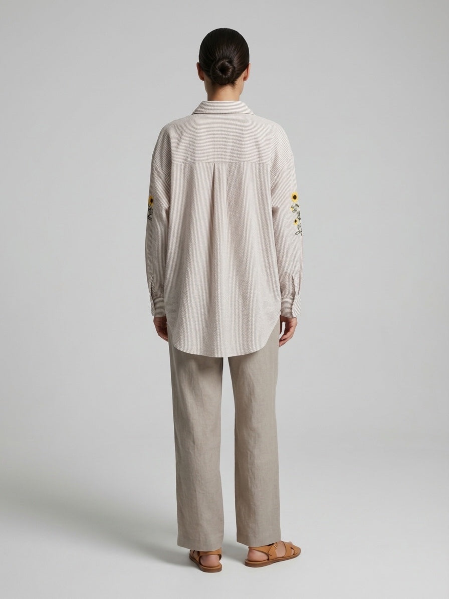 Embroidered Striped Seersucker Shirt - Beige (2)