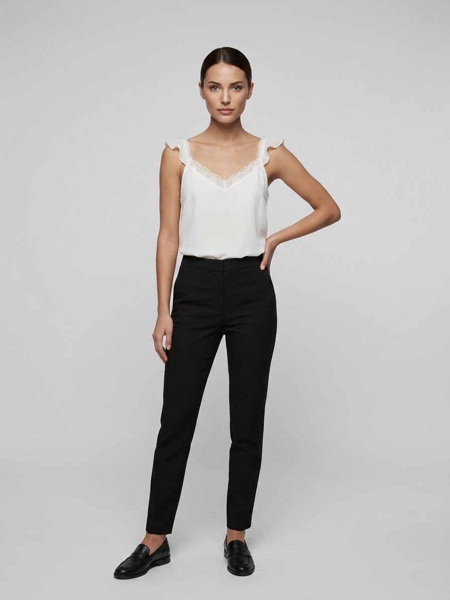 Lace Trim Ruffle Strap Camisole - White