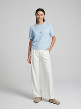 Embroidered Bow Knit Top - Baby Blue