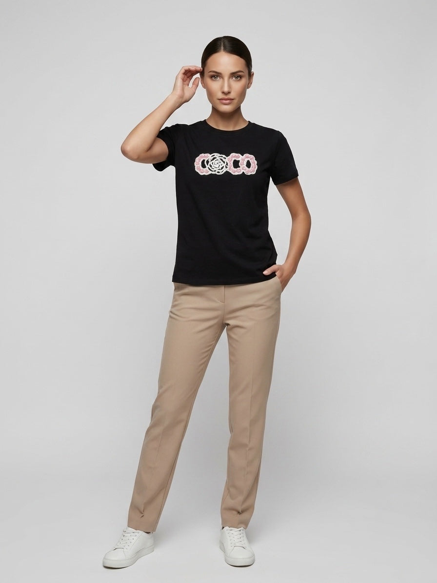 Appliqué Crew Neck T-Shirt - Black