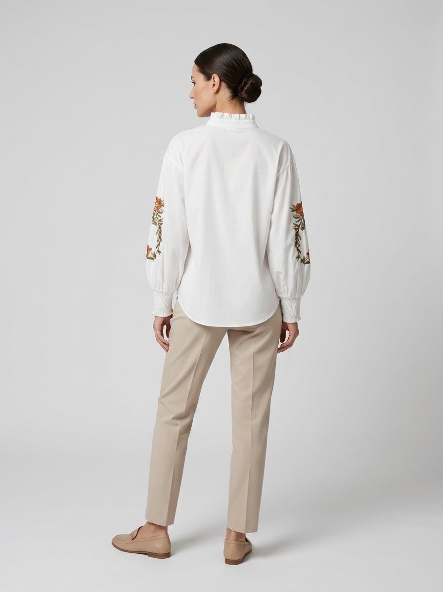 Embroidered Cotton Blouse with Ruffled Neckline - Off-white (2)