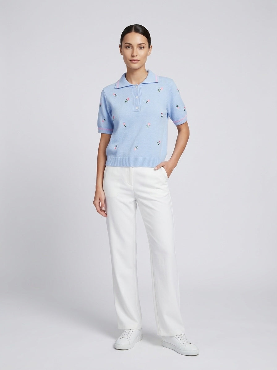 Embroidered Floral Knit Polo - Baby Blue