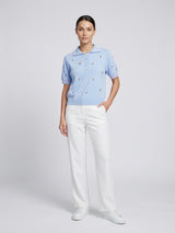Embroidered Floral Knit Polo - Baby Blue