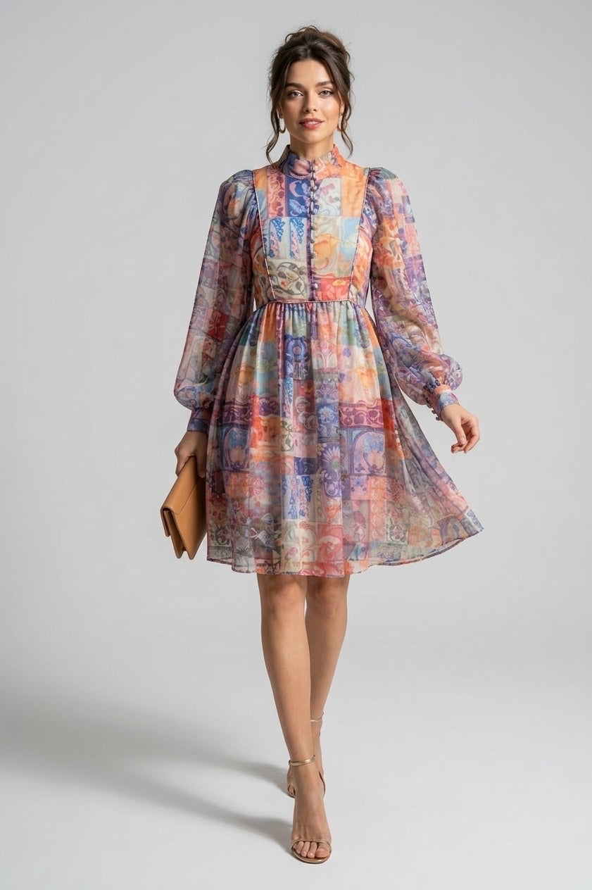 Patchwork Print Bishop Sleeve Dress - Orange