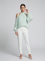 Cold Shoulder Gathered Blouse - Aquamarine