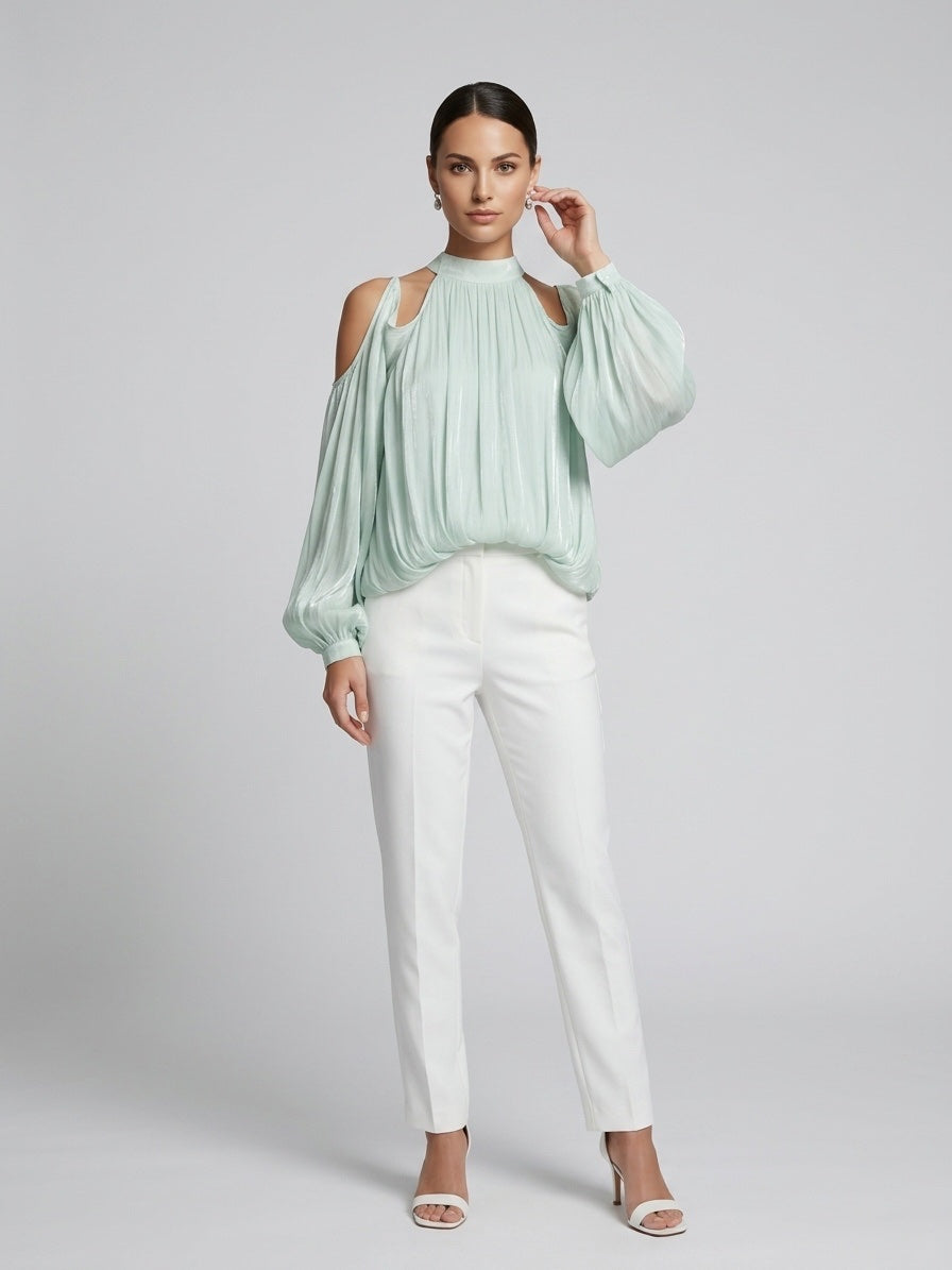 Cold Shoulder Gathered Blouse - Aquamarine