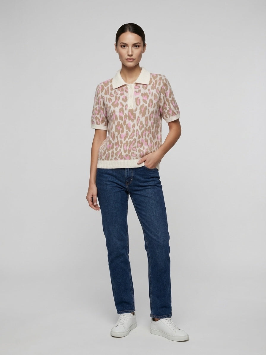 Playful Animal Print Polo Knit - Baby Pink