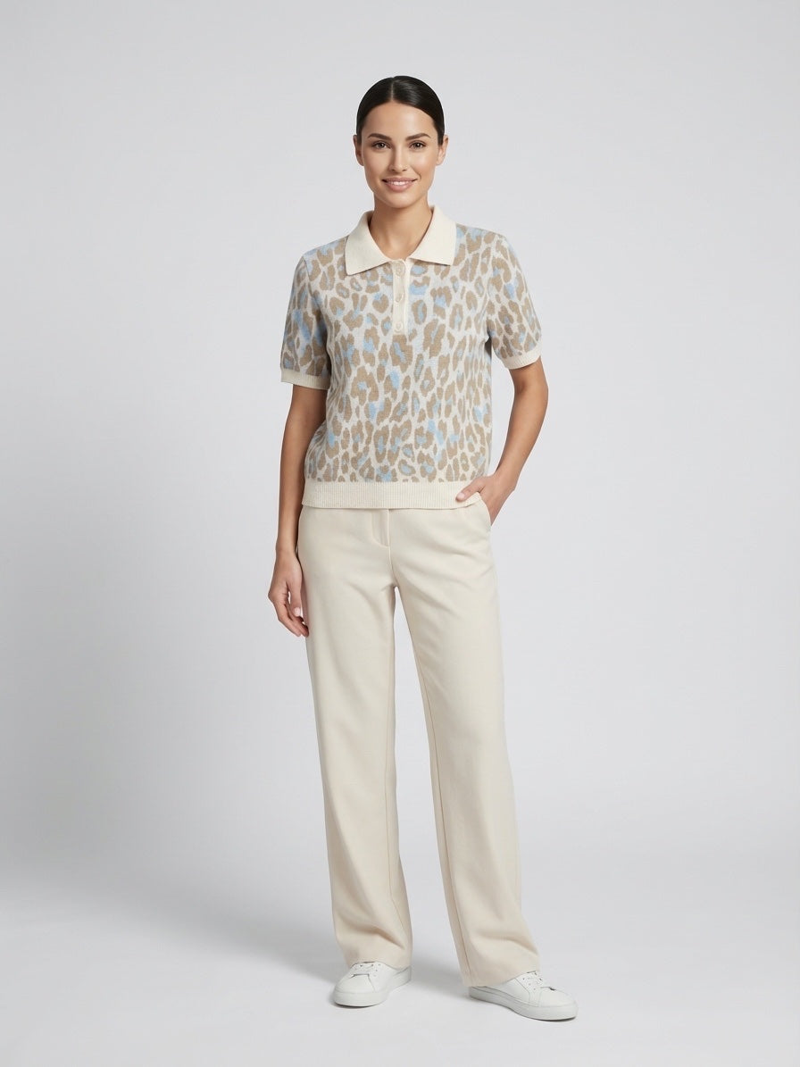 Playful Animal Print Polo Knit - Baby Blue
