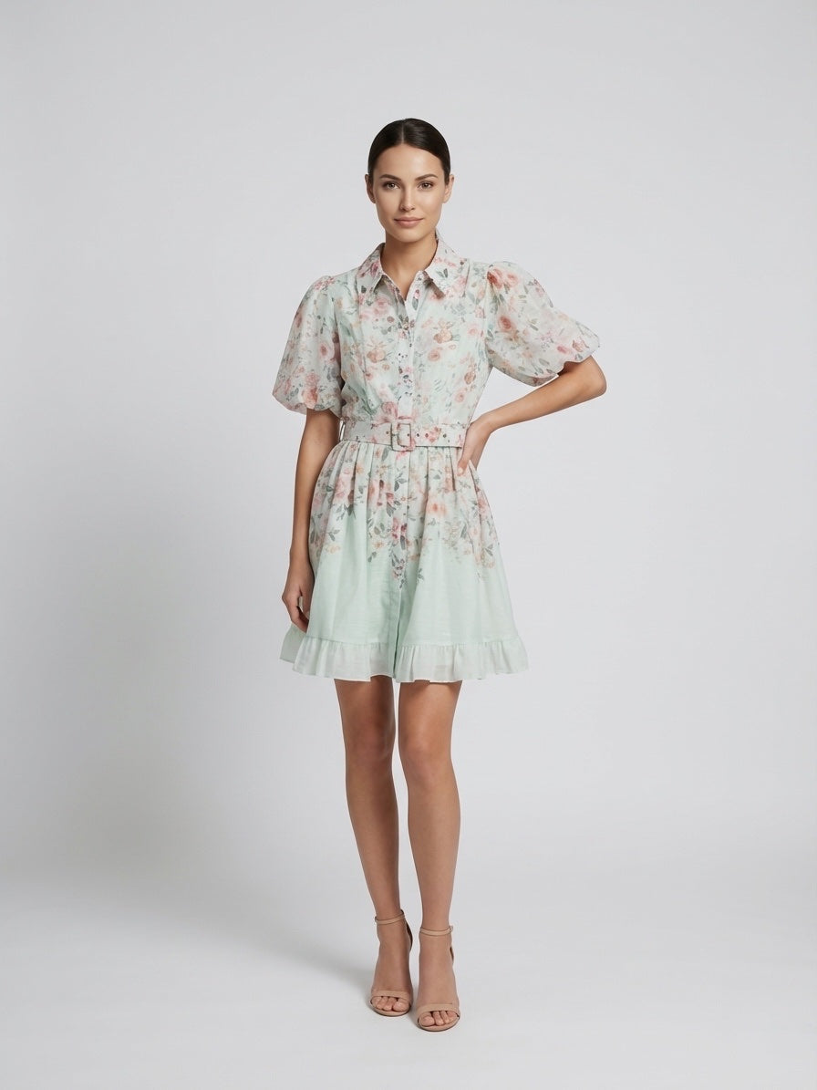 Floral Puff Sleeve Shirt Dress - Aquamarine