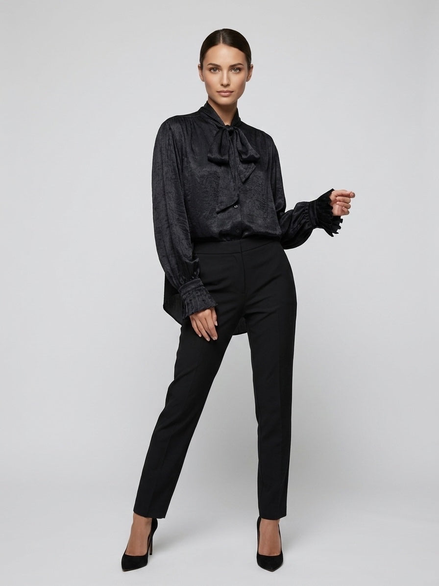 Textured Pussy-bow Blouse - Black