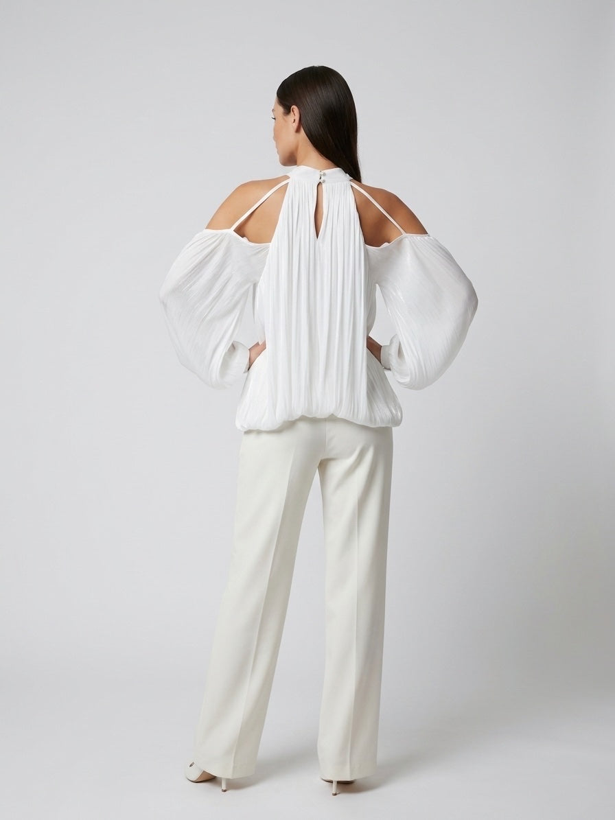 Cold Shoulder Gathered Blouse - White (2)