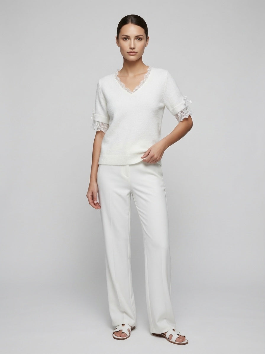 Lace Trim Knit Top - White