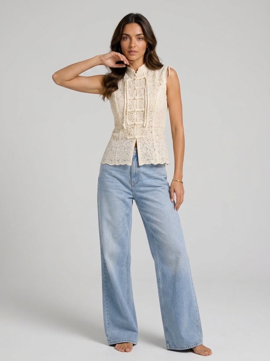 Lace Mandarin Collar Top - Cream